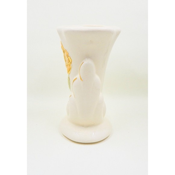 Cornucopia Vase Yellow Rose Gold Trimmed Ceramic USA - Picture 2 of 11